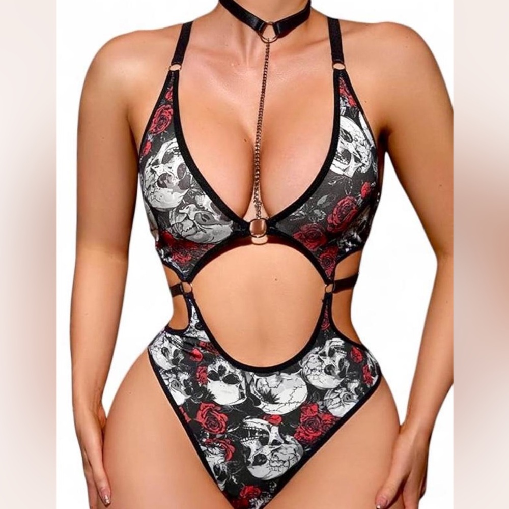Skull and rose print one piece cutout lingerie bodysuit with chain choker size M